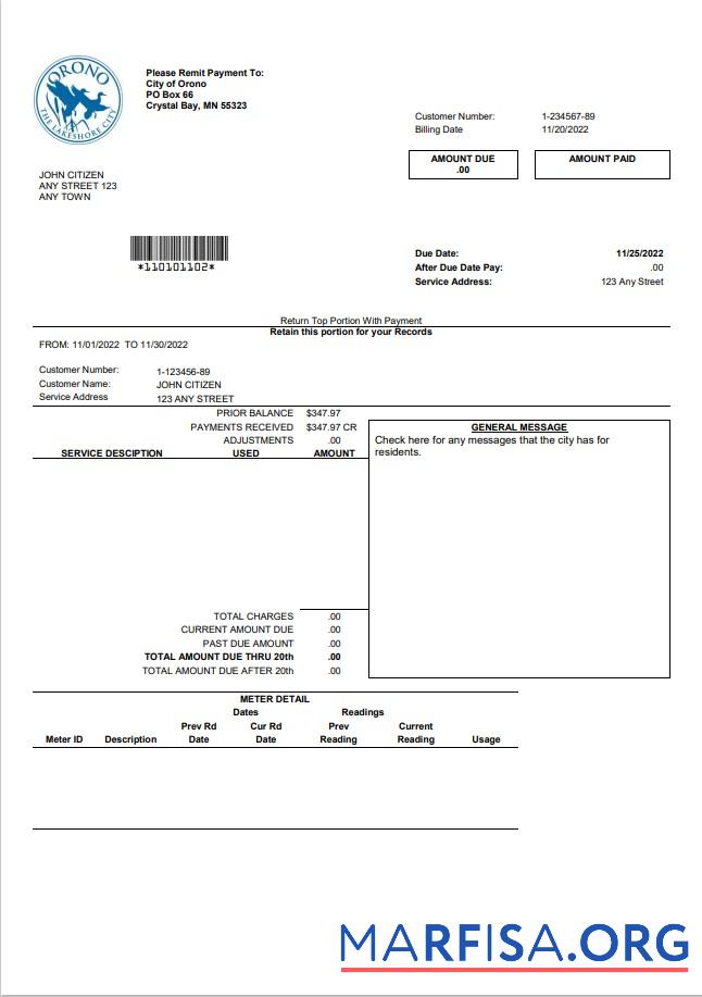 Downloadable USA Nevada Orono The Lakehore City utility bill template in Word and PDF format